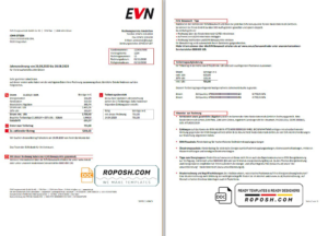 Austria EVN electricity utility bill template in Word and PDF format, language German (5 pages)
