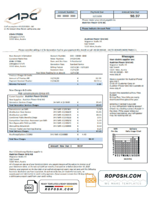 Austria Austrian Power Grid AG utility bill template in Word and PDF format