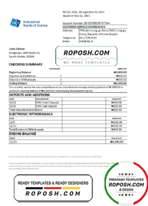 South Korea Industrial bank statement easy to fill template in Excel and PDF format