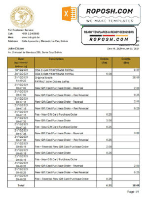 Bolivia Banco Central de Bolivia bank statement easy to fill template in .xls and .pdf file format