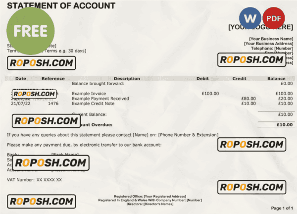bank statement of account template, Word and PDF format, completely editable