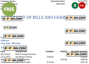 bank statement of bills and charges, Excel and PDF template