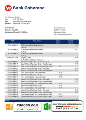 Botswana Bank Gaborone bank statement template in Excel and PDF format, fully editable