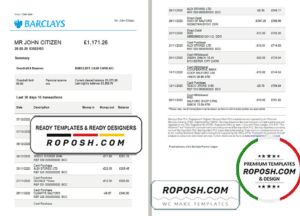 United Kingdom Barclays bank statement template in Word and PDF format, version 3 (2 pages)