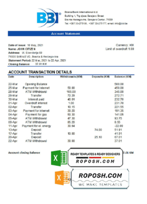 Bosnia and Herzegovina Bosna Bank International bank statement easy to fill template in Excel and PDF format (AutoSum)