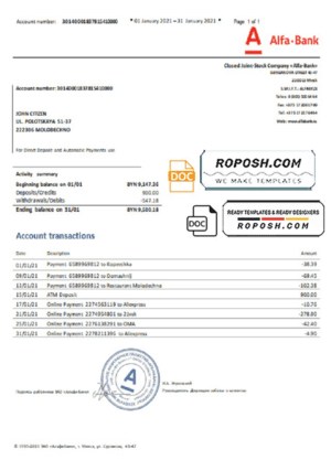 Belarus Alfa bank statement template in Word and PDF format