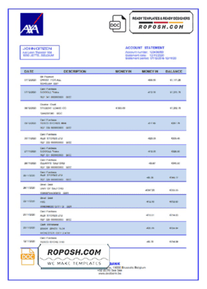 Belgium AXA Bank statement template in Word and PDF format