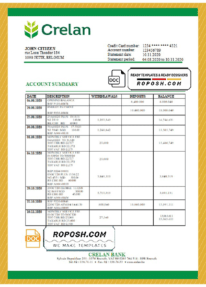 Belgium Crelan bank statement template in Word and PDF format
