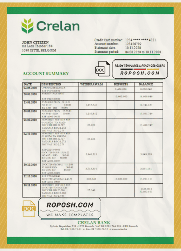 Belgium Crelan bank statement template in Word and PDF format