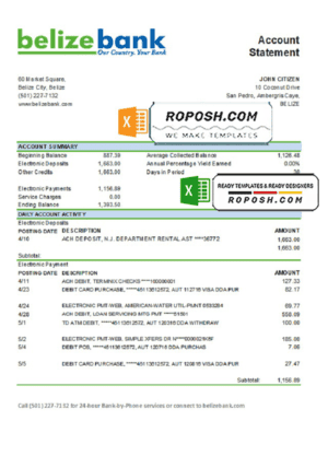Belize Belizebank bank statement easy to fill template in .xls and .pdf file format