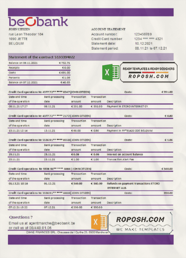 Belgium Beobank bank statement easy to fill template in .xls and .pdf file format