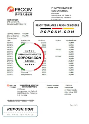 Philippines Bank of Communications bank statement easy to fill template in .xls and .pdf file format