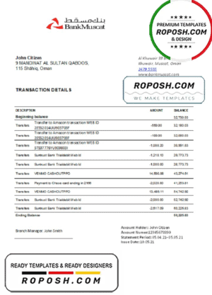 Oman Bank Muscat bank statement easy to fill template in .xls and .pdf file format