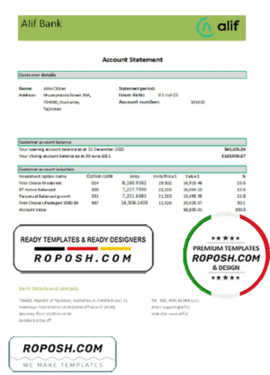 Tajikistan Alif Bank statement template in Excel and PDF format