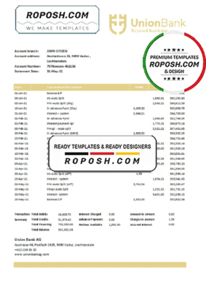 Liechtenstein Union Bank AG bank statement easy to fill template in Excel and PDF format