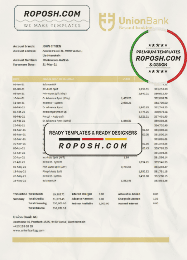 Liechtenstein Union Bank AG bank statement easy to fill template in Excel and PDF format