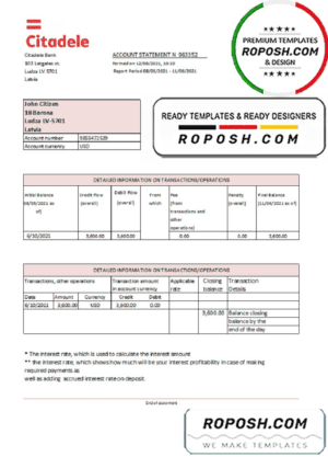 Latvia Citadele bank statement template in Excel and PDF format