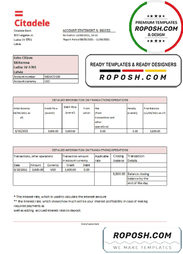 Latvia Citadele bank statement template in Excel and PDF format