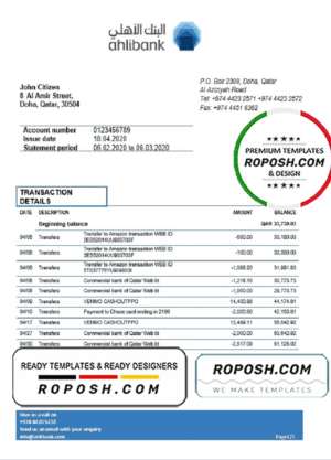 Qatar Ahlibank proof of address bank statement template in Word and PDF format, .doc and .pdf format