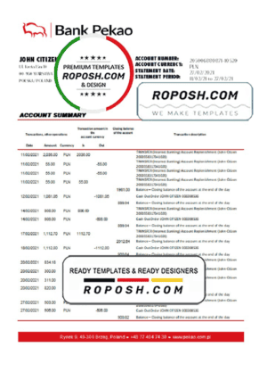 Poland Bank Pekao S.A. bank statement easy to fill template in Excel and PDF format