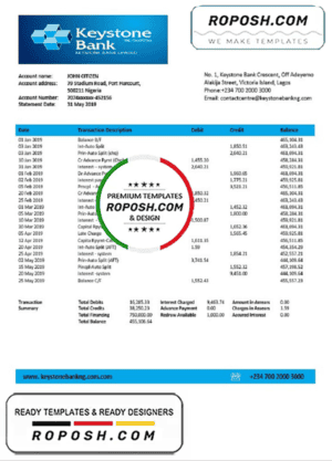 Nigeria Keystone Bank statement template in Word and PDF format, good for address prove