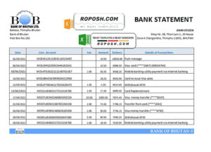Bhutan Bank of Bhutan bank statement easy to fill template in Excel and PDF format