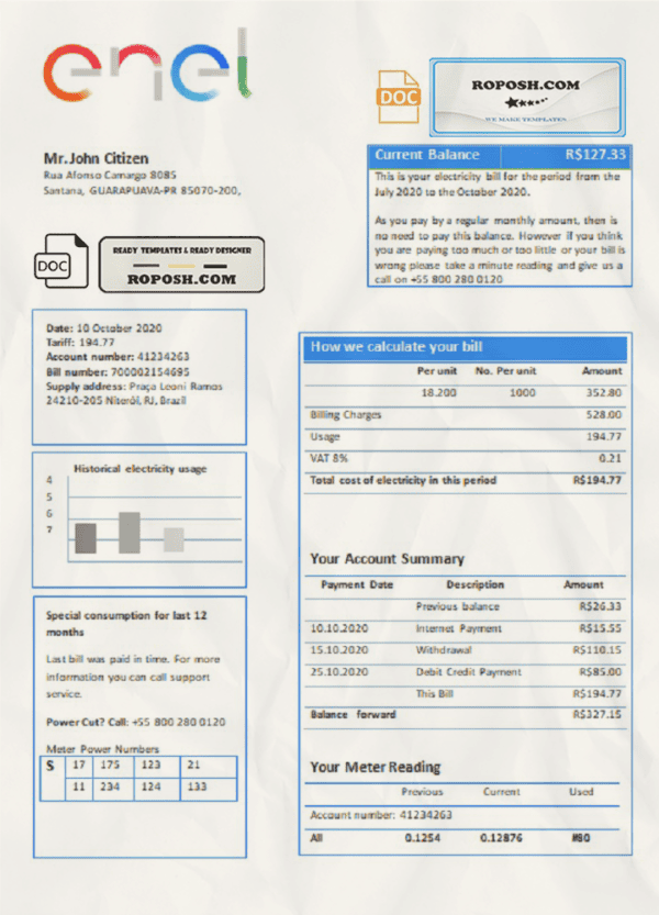 Brazil ENEL electricity utility bill template in Word and PDF format