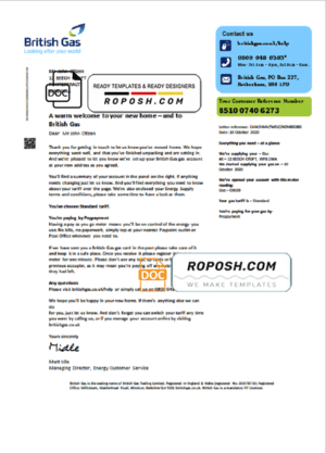 United Kingdom British Gas utility bill template in Word and PDF format, version 2