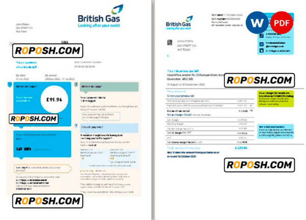 United Kingdom British Gas bill, Word and PDF template, 2 pages