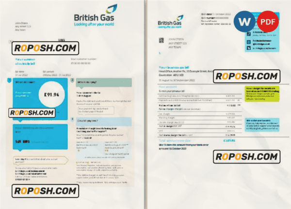 United Kingdom British Gas bill, Word and PDF template, 2 pages