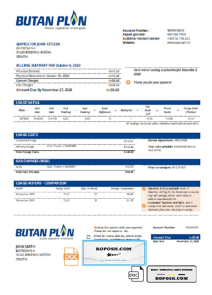 Croatia BUTAN PLIN d.o.o. gas utility bill template in Word and PDF format