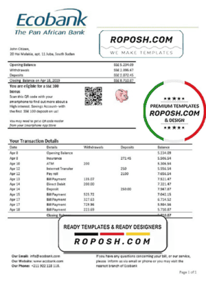 South Sudan Ecobank proof of address bank statement template in Word and PDF format