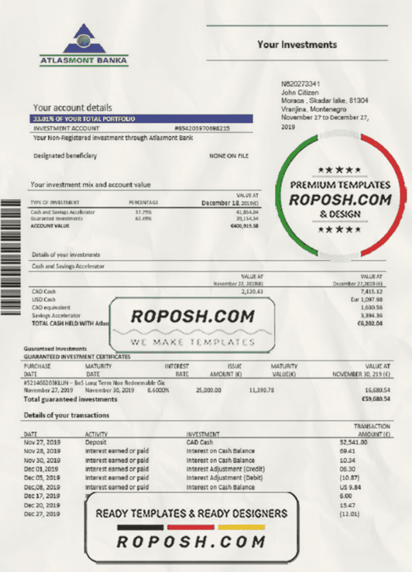 Montenegro Atlasmont Bank statement template, Word and PDF format (.doc and .pdf)