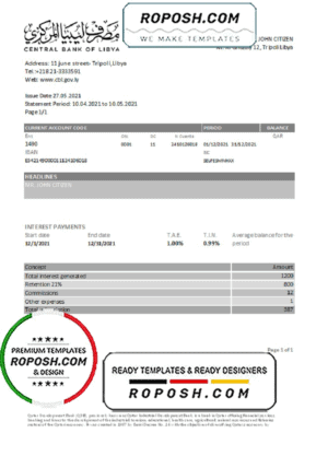 Libya Central Bank of Libya proof of address bank statement template in Excel and PDF format (.xls and .pdf)