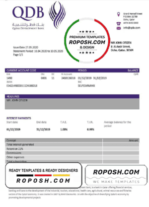 Qatar Development Bank statement template, Word and PDF format (.doc and .pdf)