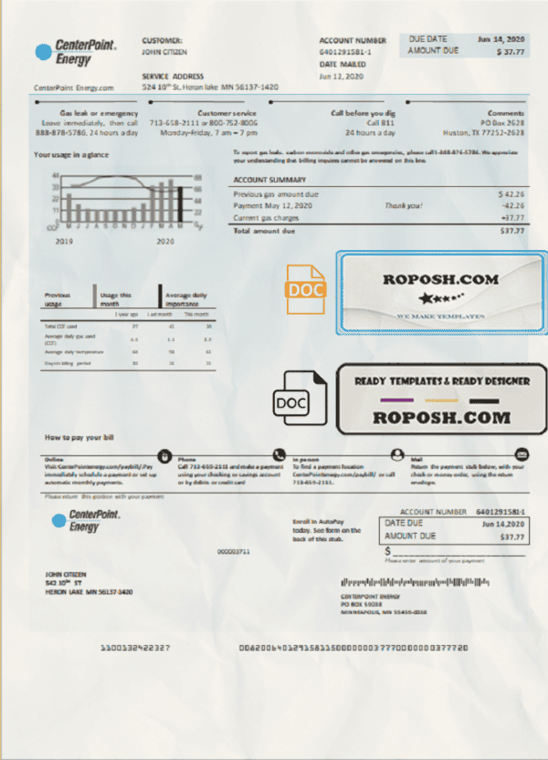 USA Texas Center Point Energy utility bill template in Word and PDF format