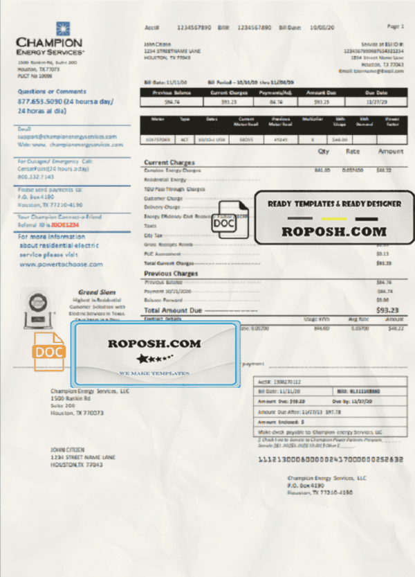 USA Texas Champion Energy Services proof of address utility bill template in Word and PDF format