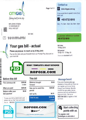 Singapore City Gas utility bill template, fully editable in PSD format