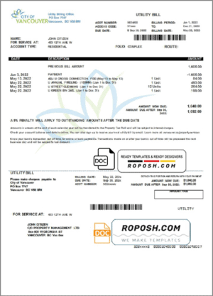 Canada British Columbia City of Vancouver utility bill template in Word and PDF format