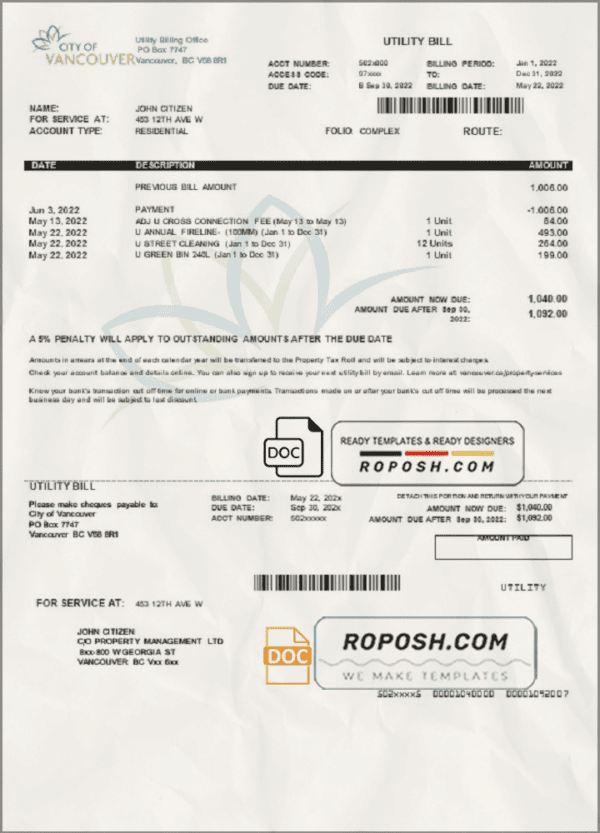 Canada British Columbia City of Vancouver utility bill template in Word and PDF format