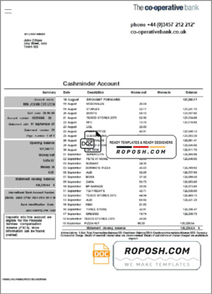 United Kingdom The Co-operative bank statement in Word and PDF format