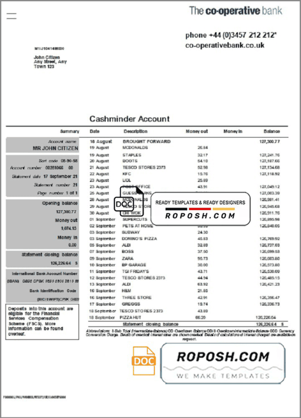 United Kingdom The Co-operative bank statement in Word and PDF format