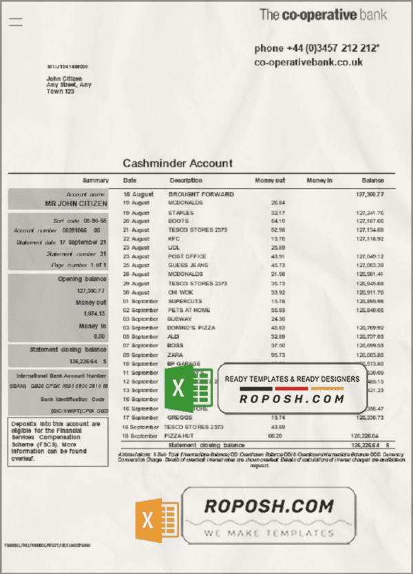United Kingdom The Co-operative bank statement in Excel and PDF format