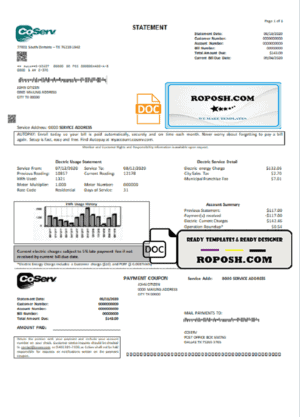 USA Texas CoServ utility bill template in Word and PDF format