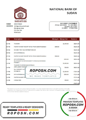 Sudan National Bank of Sudan bank statement easy to fill template in Excel and PDF format