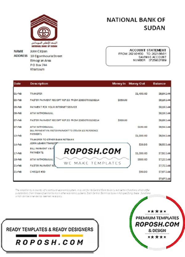 Sudan National Bank of Sudan bank statement easy to fill template in Excel and PDF format