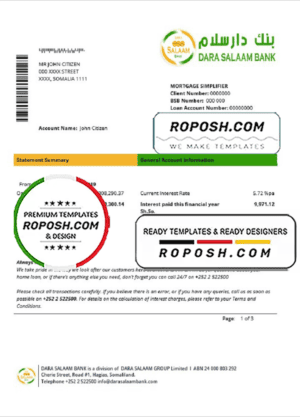 Somalia Dara Salaam Bank statement template in Word and PDF format, good for address prove