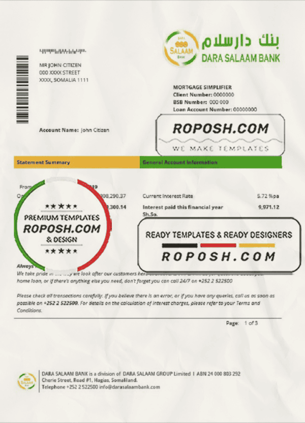 Somalia Dara Salaam Bank statement template in Word and PDF format, good for address prove
