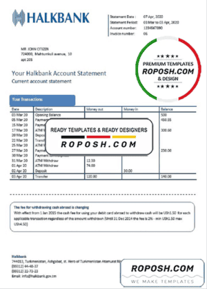 Turkmenistan Halkbank proof of address bank statement template in Word and PDF format, .doc and .pdf format