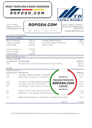 Slovakia Tatra Bank statement easy to fill template in .xls and .pdf file format